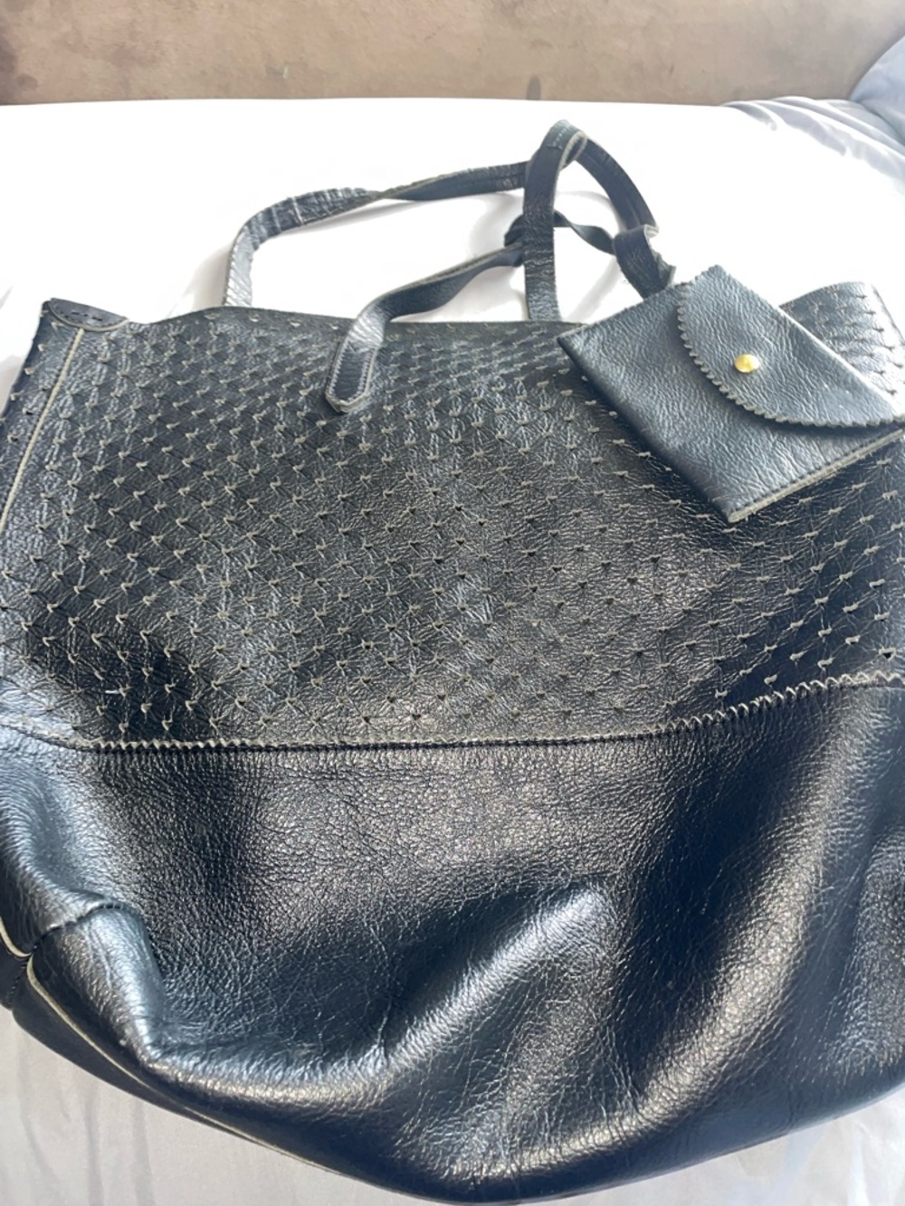 J. Crew Black Quilted-Stitch Leather Tote with Pouch